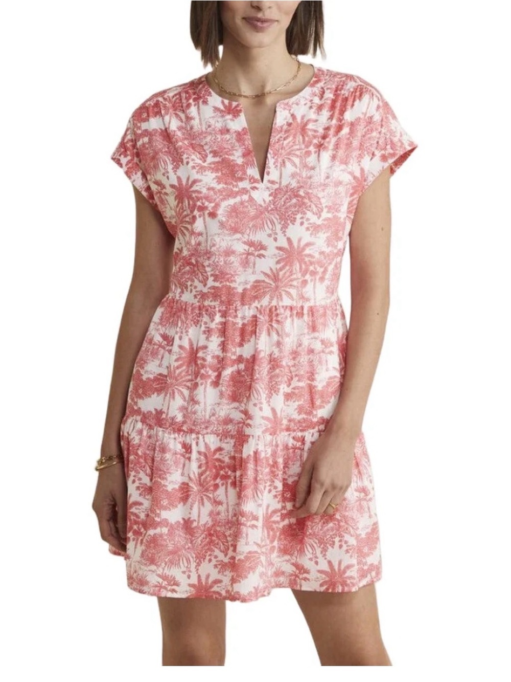 Vineyard Vines Pink Coral Palm Print Tiered Vacation Dress